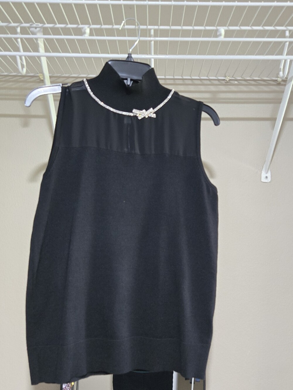 Black Sleeveless Mock Neck Knit Top with Rhinestone Accent